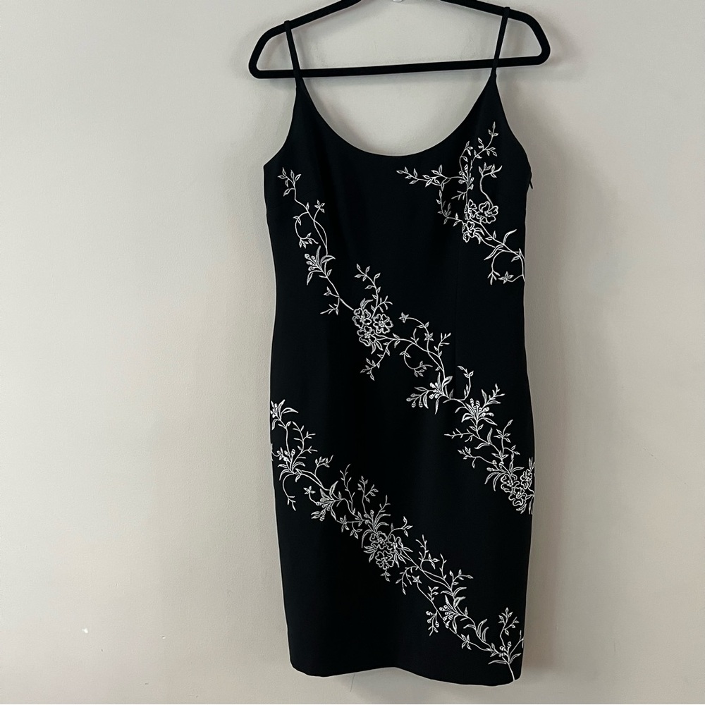 Maggy London Black Slip Dress with White Floral Embroidery